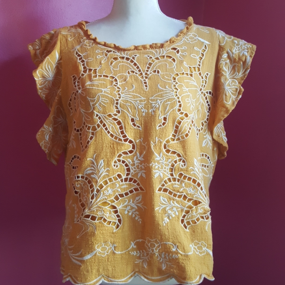 Skies Are Blue Yellow Embroidered Flutter Sleeve Blouse